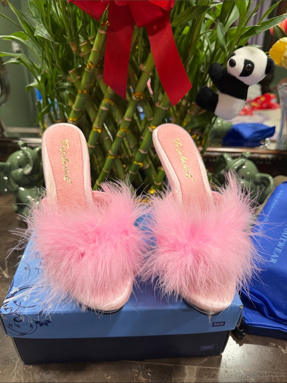 Pink Feather Slide Mules — Women's Plush Slip-On